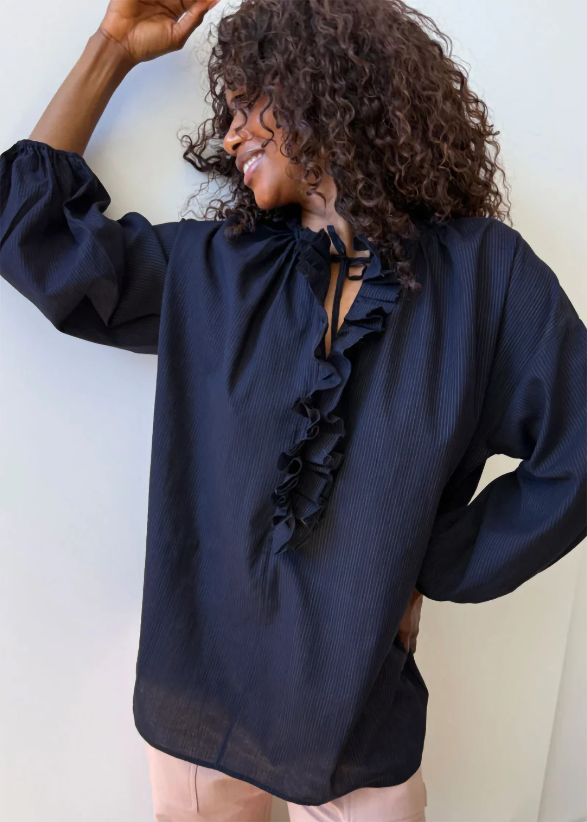 Ruffle Shirt - Navy Pinstripe by Two
