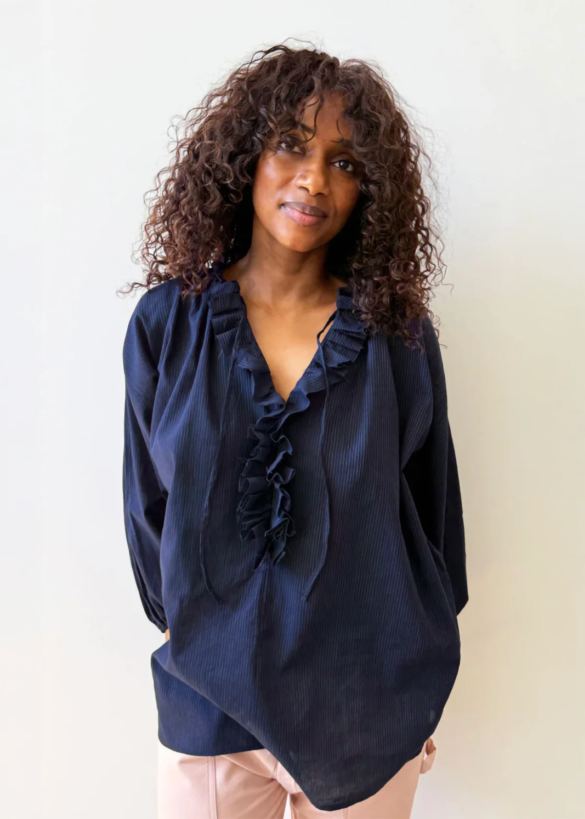 Ruffle Shirt - Navy Pinstripe by Two - Image 3